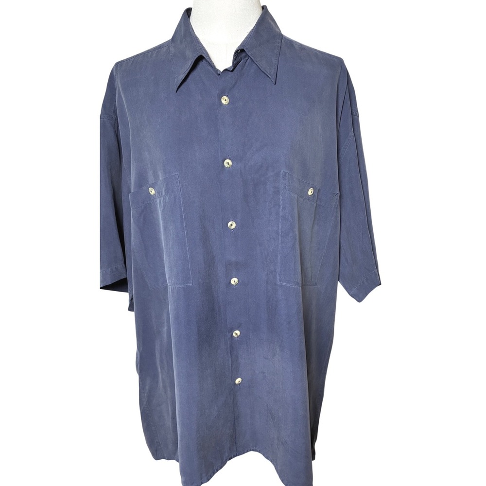 Burma Bibas Silk Camp Shirt Mens Blue Short Sleeve Button Front Minimalist L